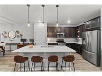 Modern kitchen features a large island with seating, stainless steel appliances, and stylish lighting at 4078 Happy Hollow Dr, Castle Rock, CO 80104