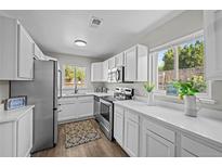Bright kitchen featuring stainless steel appliances, white cabinetry, and outside view at 957 Newton St, Denver, CO 80204