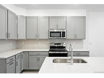 Modern kitchen featuring gray cabinets, stainless steel appliances, and white quartz countertops at 17115 W 91St Ln, Arvada, CO 80007