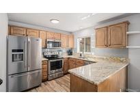 Well-lit kitchen featuring stainless steel appliances, granite countertops, and wood-look flooring at 4695 S Lowell Blvd, Denver, CO 80236