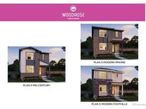 Modern exterior elevations showcase various architectural styles of the Woodrose Painted Prairie Plan 5 homes at 21011 E 63Rd Dr, Aurora, CO 80019