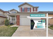 Charming two-story home with red shutters, attached garage, and manicured front lawn at 12362 Nate Cir, Parker, CO 80134