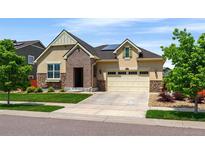 Attractive single-Gathering home featuring a brick facade, a two-car garage, and a well-manicured lawn at 10185 Isle St, Parker, CO 80134