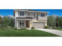 Inviting two-story home featuring stone accents, neutral siding, a two-car garage, and a well-manicured lawn at 318 Welded Tuff Trl, Castle Rock, CO 80104