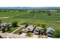 Scenic aerial view of suburban homes near green fields and distant mountains at 1264 Banner Cir, Erie, CO 80516