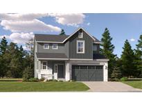 Two-story home featuring gray siding, white stone accents, a front porch, and a two-car garage at 10968 Snowdon St, Parker, CO 80134