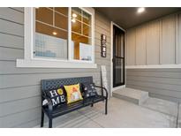 Inviting front porch featuring a cozy bench with decorative pillows, creating a welcoming entrance at 16400 Alberta Dr, Parker, CO 80134