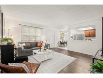 Comfortable living room featuring a gray sofa, stylish decor, and lots of natural light at 670 Winona Ct # 38, Denver, CO 80204