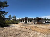 New construction home featuring stone accents, a dark roof, and a bright exterior paint against a blue sky at 1555 Arrowpoint Ct, Franktown, CO 80116