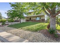 Charming two-story home with a well-manicured lawn, mature trees, and inviting curb appeal at 874 Mercury Cir, Lone Tree, CO 80124