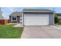 Exterior view of a two car garage with a gray exterior, white garage door and concrete driveway at 19140 E Milan Cir, Aurora, CO 80013
