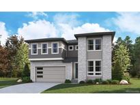 Modern two-story home featuring stone accents, gray siding, a two-car garage, and a well-manicured front lawn at 8272 Snake River St, Littleton, CO 80125