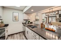 Modern kitchen boasts stainless steel appliances, gray countertops, and opens to a dining and living area at 23566 Pondview Pl # F, Golden, CO 80401