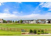 Beautiful green space in front of the homes has mountain views and great open space at 16120 E 119Th Ave, Commerce City, CO 80022