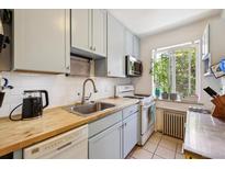 Bright kitchen featuring light blue cabinets, butcher block counters, subway tile backsplash, and stainless steel appliances at 85 N Grant St # 28, Denver, CO 80203