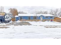 Charming blue single-story home featuring a spacious driveway covered in snow during the winter season at 7966 Ingalls St, Arvada, CO 80003