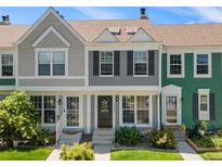 Charming townhomes featuring colorful exteriors, landscaped yards, and inviting front doors at 19726 Applewood Ct, Parker, CO 80138