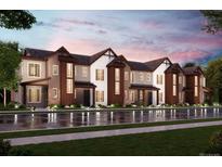 Modern townhome complex with diverse color schemes and covered entrances reflecting in the wet street at 6807 Huddersfield Ln, Castle Pines, CO 80108
