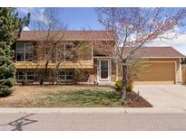 Charming two-story home features a well-maintained lawn, mature landscaping, and an attached two-car garage at 11338 Donley Dr, Parker, CO 80138
