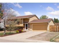 Charming two-story home with a well-manicured lawn, attached two car garage and mature trees at 11338 Donley Dr, Parker, CO 80138