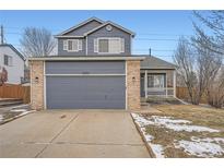 Two-story home with a blue exterior, brick accents, a two-car garage, and a well-maintained front yard at 22162 E Alamo Ln, Centennial, CO 80015