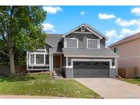 Charming two-story home featuring a gray exterior, manicured lawn, and attached two-car garage at 10703 Jordan Ct, Parker, CO 80134