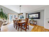 Bright dining room features an oval table, wood chairs, a patterned rug, and natural light from the backyard at 9559 Brook Hill Ln, Lone Tree, CO 80124
