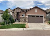 Charming single-Gathering home featuring a stone facade and a well-manicured lawn at 3336 Goodyear St, Castle Rock, CO 80109