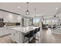 Modern kitchen with large island, pendant lights, and stainless steel appliances at 16486 W 94Th Dr, Arvada, CO 80007