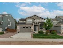 Charming two-story home featuring a well-kept lawn and a two-car garage at 640 Avena Dr, Elizabeth, CO 80107