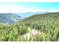 Breathtaking aerial view of a cabin nestled in a lush green forest with scenic mountain views at 1176 Raven Ridge Rd, Idaho Springs, CO 80452