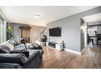 Inviting living room featuring a comfortable gray sofa and elegant decor at 8624 Mariposa St, Thornton, CO 80260