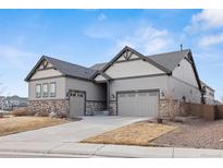 Charming exterior featuring stone accents, gray siding, and a well-manicured lawn at 1839 Pinion Wing Cir, Castle Rock, CO 80108