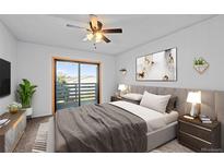 Bright main bedroom features a ceiling fan, sliding glass door and comfortable contemporary decor at 7665 E Eastman Ave # D304, Denver, CO 80231