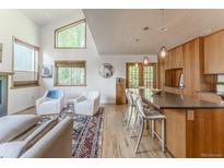 Bright, open-concept living room flows into modern kitchen with bar seating and stainless appliances at 79 Huron Ct, Boulder, CO 80303
