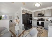 Bright eat-in kitchen featuring grey cabinets, stainless steel appliances, and a glass dining table at 3251 N Madison St, Denver, CO 80205