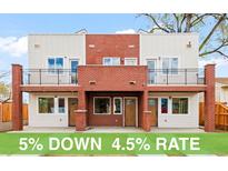 New construction duplex with modern design featuring brick accents, balconies, and welcoming front entrances at 1052 N Knox Ct, Denver, CO 80204