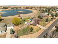 Beautiful aerial view of home with lake access, in-ground pool, trampoline, fenced yard, and mature landscaping at 212 Mulligan Lake Dr, Mead, CO 80542