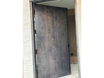 Elegant dark wood front door with a modern handle, adding sophistication to the home's entryway at 1491 S York St, Denver, CO 80210