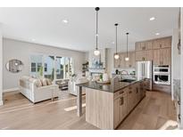 Open-concept living room and kitchen with stainless steel appliances, island, and bright natural light at 1426 Swan Peter Dr, Berthoud, CO 80513