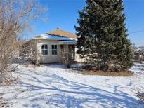Charming single-story home with a snowy front yard and mature trees on a bright day at 16685 W 11Th Ave, Golden, CO 80403