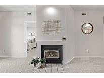Living room features a modern fireplace, neutral paint and carpet, and decorative accents at 7481 Singing Hills Dr, Boulder, CO 80301
