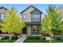 Charming two-story home with green and grey siding and a well-manicured front yard at 12777 Ulster St, Thornton, CO 80602