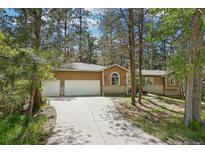 Charming ranch-style home featuring an attached two-car garage and long driveway surrounded by lush trees at 8095 Bannock Dr, Larkspur, CO 80118