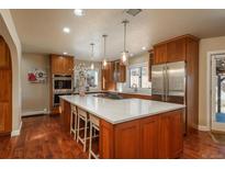 A spacious kitchen features a large island with bar seating, stainless steel appliances, and warm wood cabinetry at 4 Orchard Ln, Greenwood Village, CO 80121