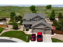 Charming two-story home with well-maintained landscaping, attached garage, and a vibrant green lawn at 11895 Hitching Post Ct, Parker, CO 80134