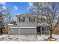 Two-story house with gray siding, three-car garage, and a landscaped yard at 5885 Cheetah Cv, Lone Tree, CO 80124