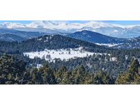 Panoramic view of snow-capped mountains and forest landscape with scattered houses and natural scenery at 6565 Marshmerry Ln, Evergreen, CO 80439