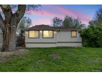 Charming backyard with a well-maintained lawn, mature tree, and serene evening sky at 3015 Pierce St, Wheat Ridge, CO 80214