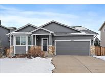 Gray house with stone accents, two-car garage, and landscaping at 11915 S Copper Creek Cir, Parker, CO 80134